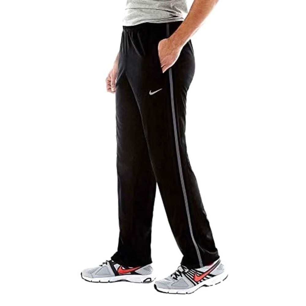 NIKE Black w/White Stripe SWOOSH LOGO Lined WIND RESIETANT Active PANTS Sz XL